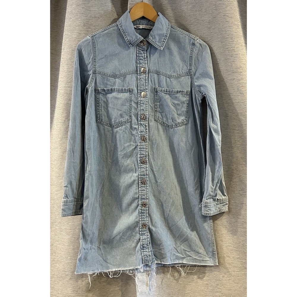 Zara Women's Button‎ Down Shirt Blue Jean/Denim Long Sleeve Collar Pockets XS